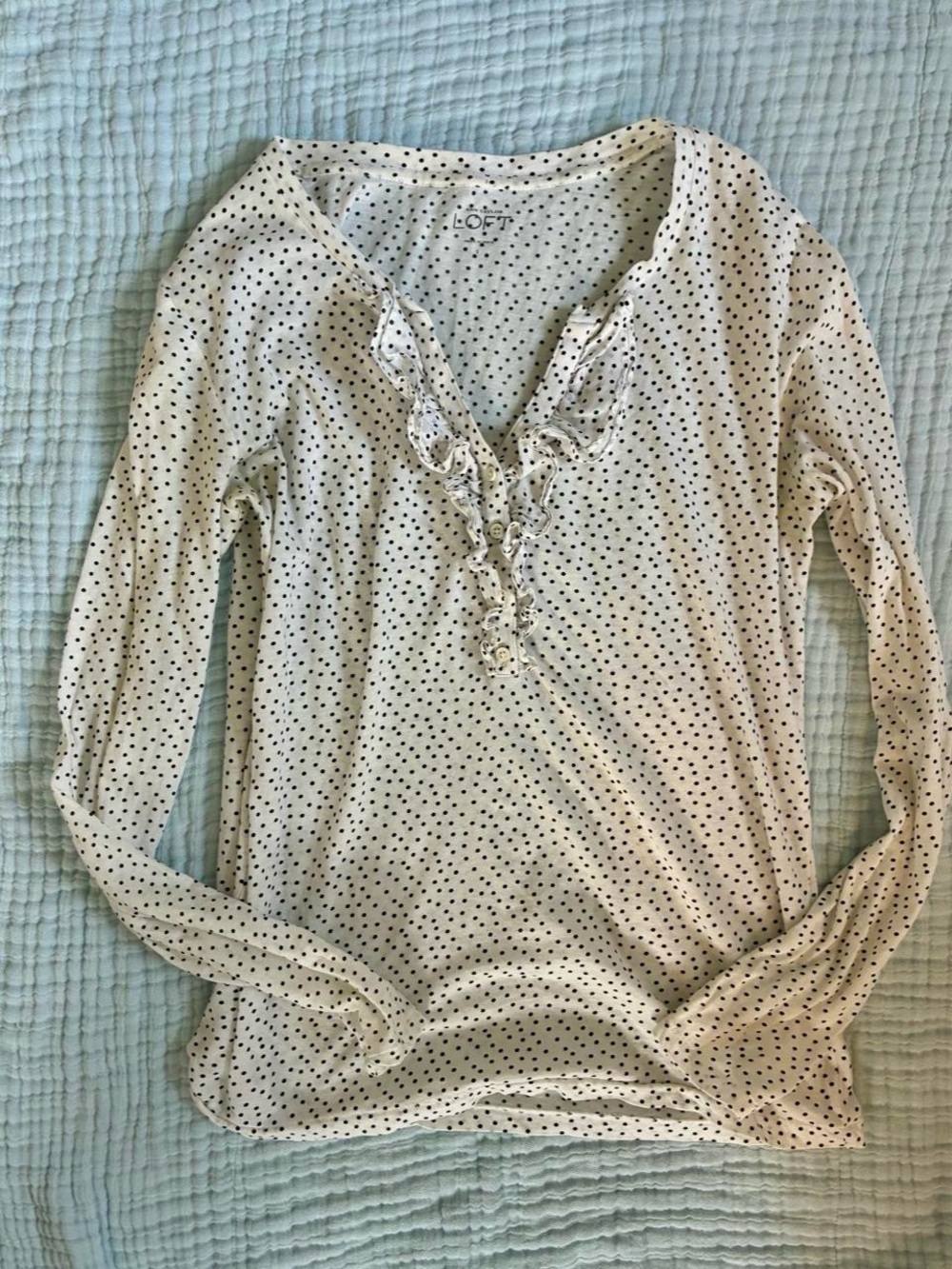 LOFT Cream Long Sleeve Polka Dot Ruffle V-Neck Top